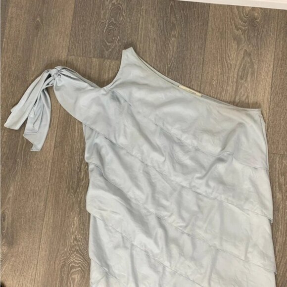 BCBG Women's Mini Dress Tiered Layered Ruffle One Shoulder Tie Sleeve Pale blue - Picture 10 of 16